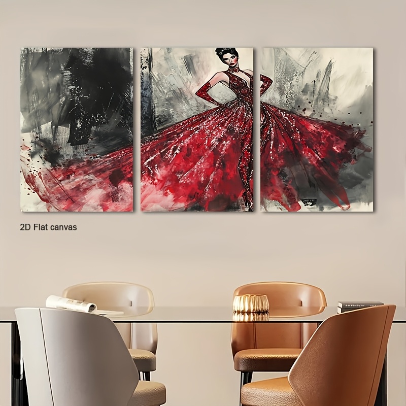 Canvas Wrap Ready - Frameloos canvas 3-delig rood paillettenjurk wandkunst